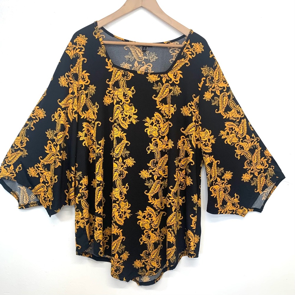 Sami & Jo Paisley Bell Sleeve Blouse Black Gold Ornate Boho Tunic 2X Asymmetric
